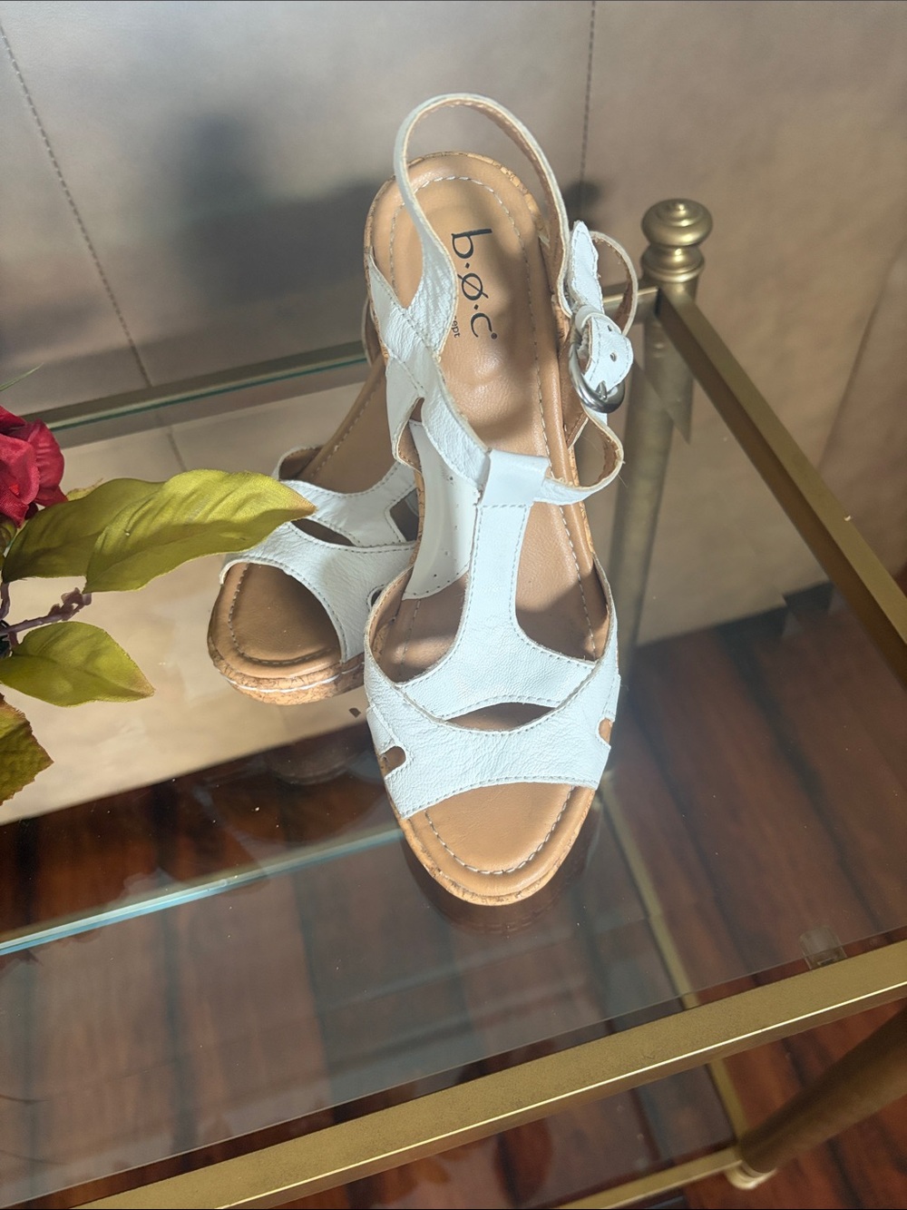 b.o.c. White Leather T-Strap Slingback Wedge Sandals